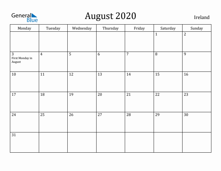 August 2020 Calendar Ireland