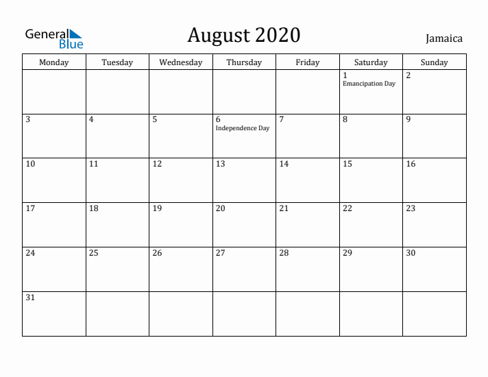 August 2020 Calendar Jamaica