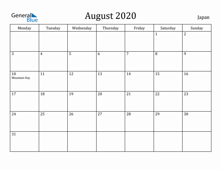 August 2020 Calendar Japan