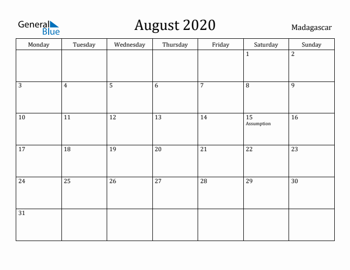 August 2020 Calendar Madagascar