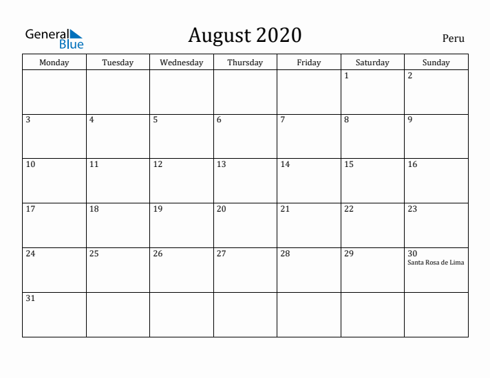 August 2020 Calendar Peru