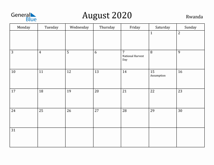 August 2020 Calendar Rwanda