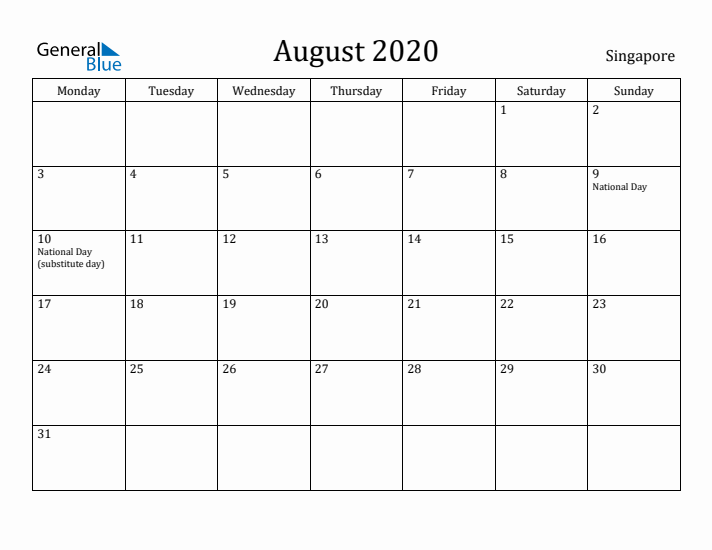 August 2020 Calendar Singapore