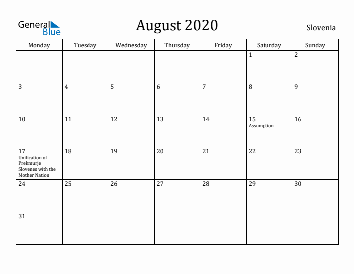 August 2020 Calendar Slovenia