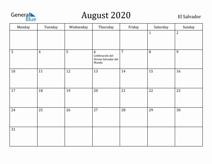 August 2020 Calendar El Salvador