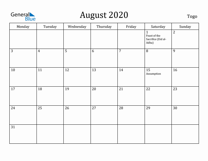 August 2020 Calendar Togo