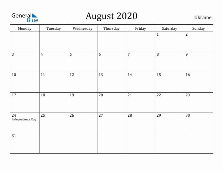 August 2020 Calendar Ukraine