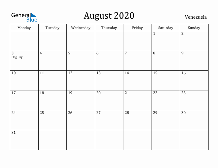 August 2020 Calendar Venezuela