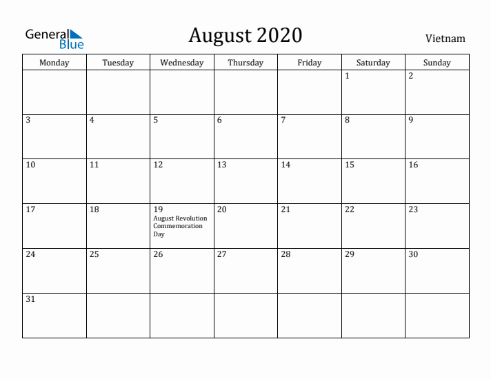 August 2020 Calendar Vietnam