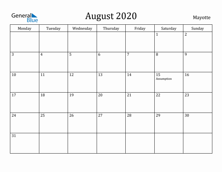 August 2020 Calendar Mayotte