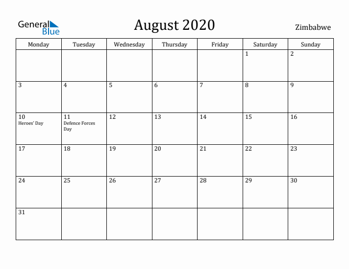 August 2020 Calendar Zimbabwe