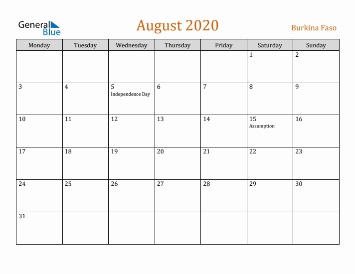 August 2020 Holiday Calendar with Monday Start