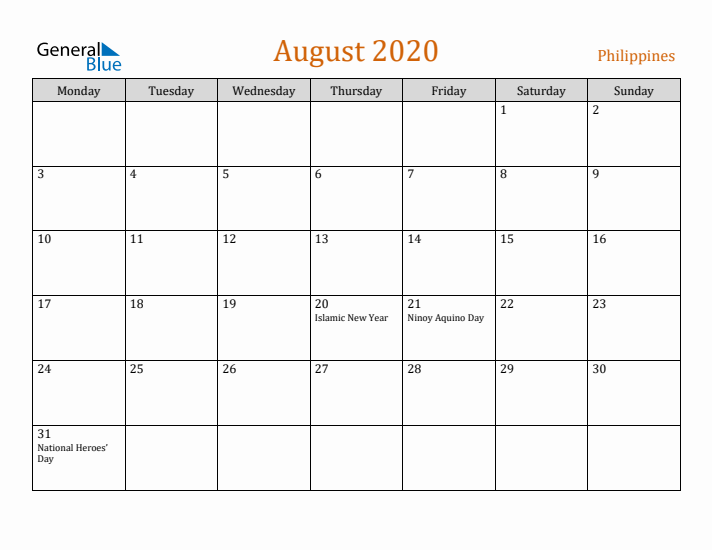 August 2020 Holiday Calendar with Monday Start