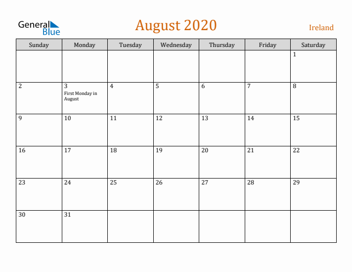 August 2020 Holiday Calendar with Sunday Start