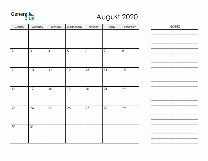 Printable Monthly Calendar with Notes - August 2020