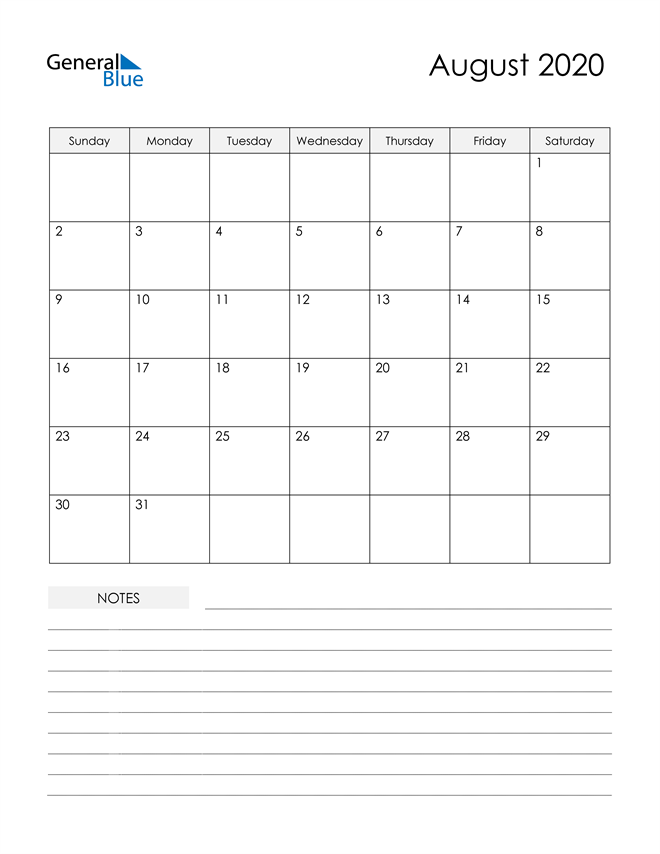  Printable Calendar with Notes - August 2020
