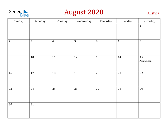 Austria August 2020 Calendar