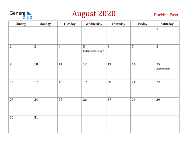 Burkina Faso August 2020 Calendar