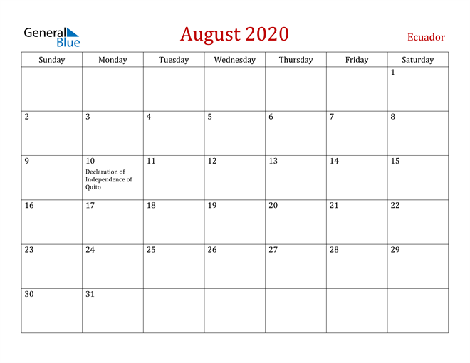 Ecuador August 2020 Calendar