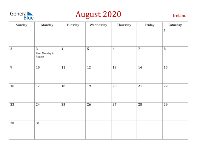 Ireland August 2020 Calendar
