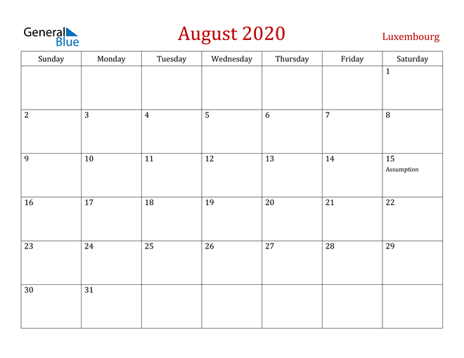 Luxembourg August 2020 Calendar