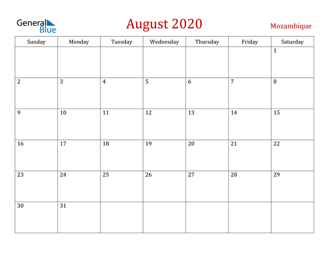 Mozambique August 2020 Calendar
