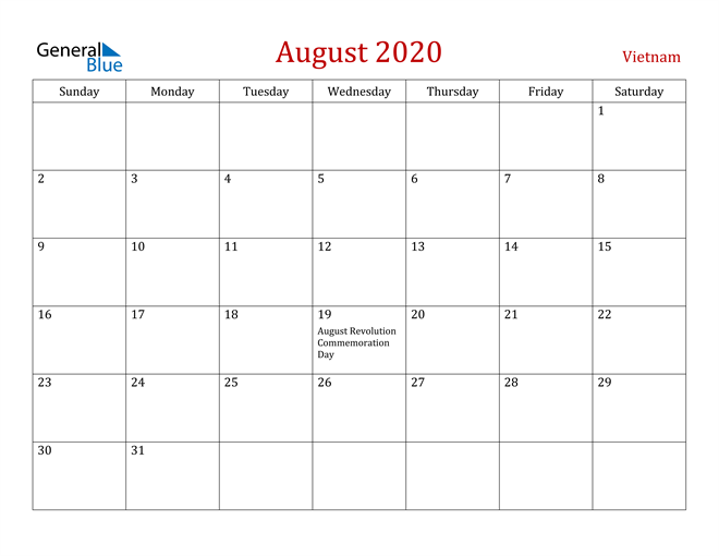 Vietnam August 2020 Calendar