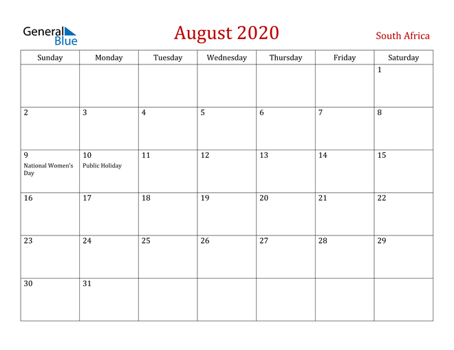 South Africa August 2020 Calendar