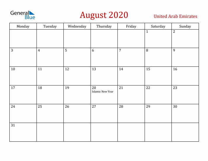 United Arab Emirates August 2020 Calendar - Monday Start
