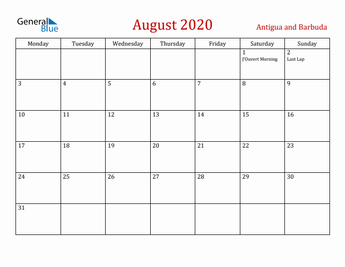 Antigua and Barbuda August 2020 Calendar - Monday Start