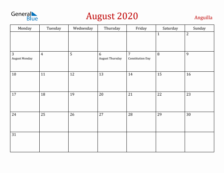 Anguilla August 2020 Calendar - Monday Start