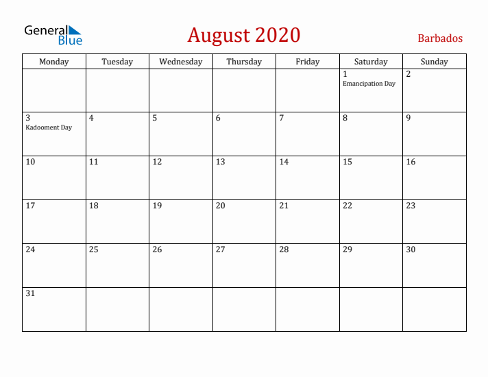 Barbados August 2020 Calendar - Monday Start
