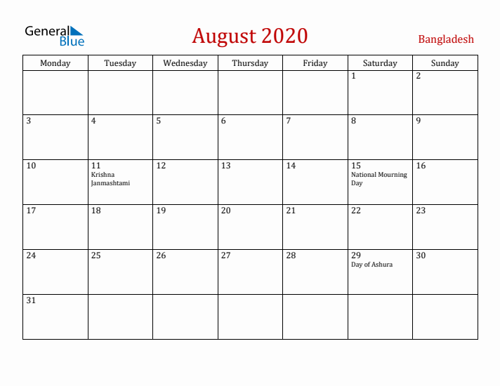 Bangladesh August 2020 Calendar - Monday Start