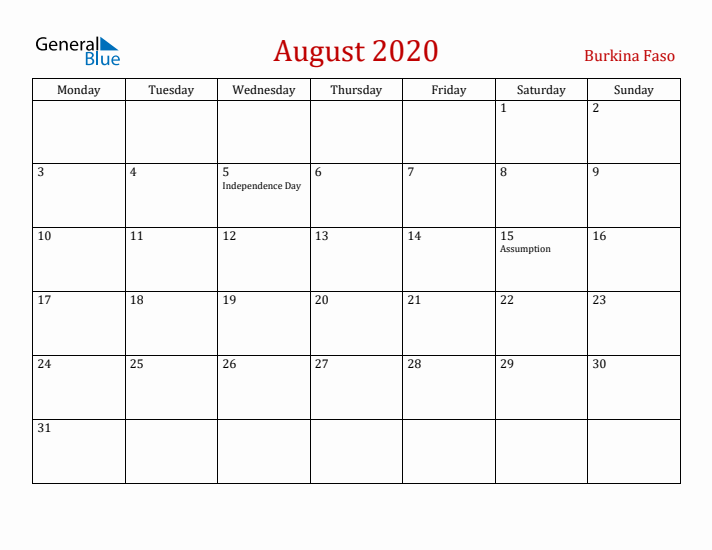 Burkina Faso August 2020 Calendar - Monday Start