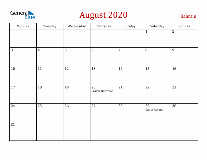 Bahrain August 2020 Calendar - Monday Start