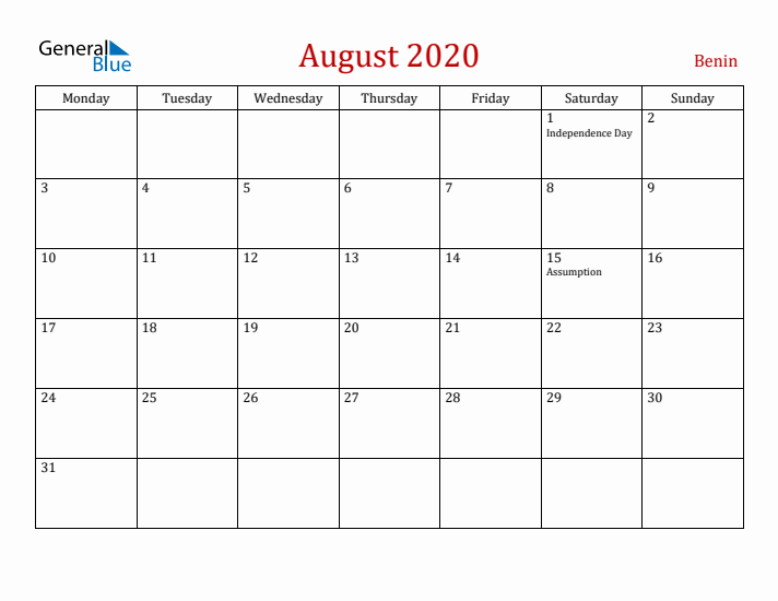 Benin August 2020 Calendar - Monday Start