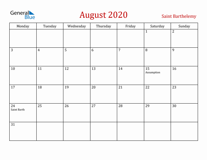 Saint Barthelemy August 2020 Calendar - Monday Start