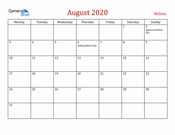 Bolivia August 2020 Calendar - Monday Start