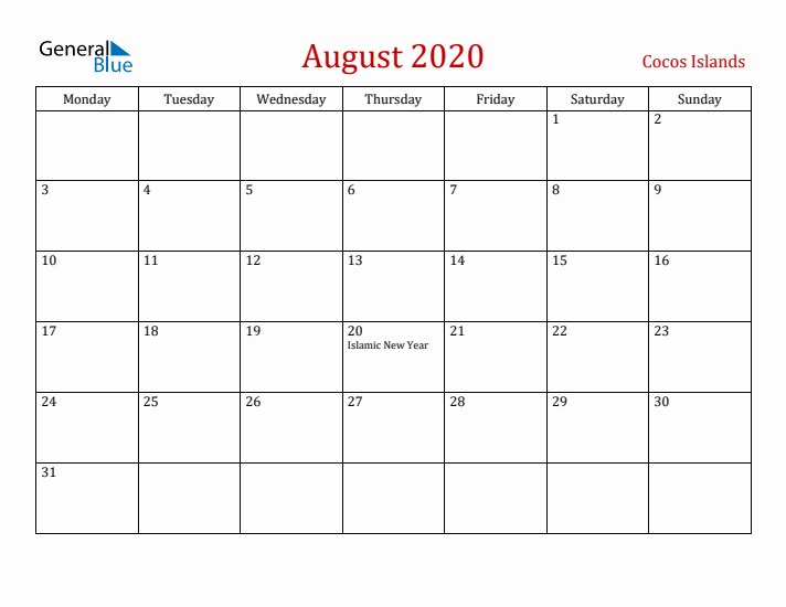 Cocos Islands August 2020 Calendar - Monday Start