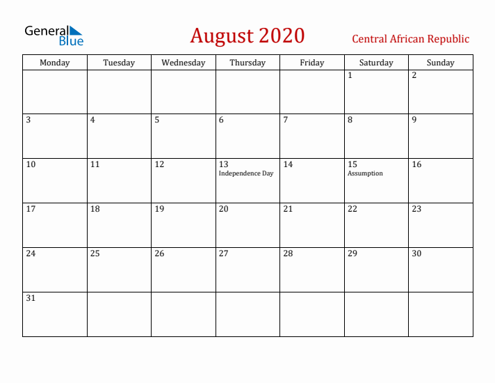 Central African Republic August 2020 Calendar - Monday Start