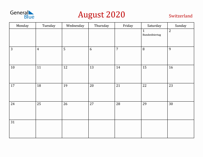 Switzerland August 2020 Calendar - Monday Start