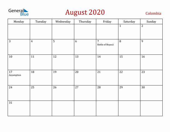 Colombia August 2020 Calendar - Monday Start