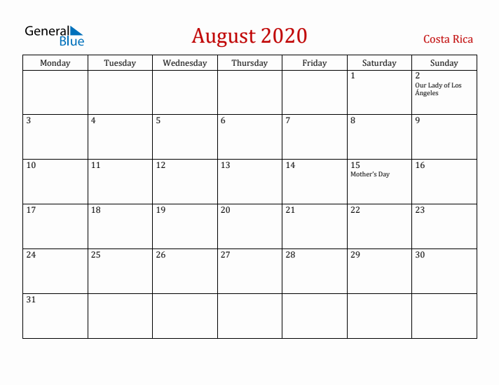 Costa Rica August 2020 Calendar - Monday Start