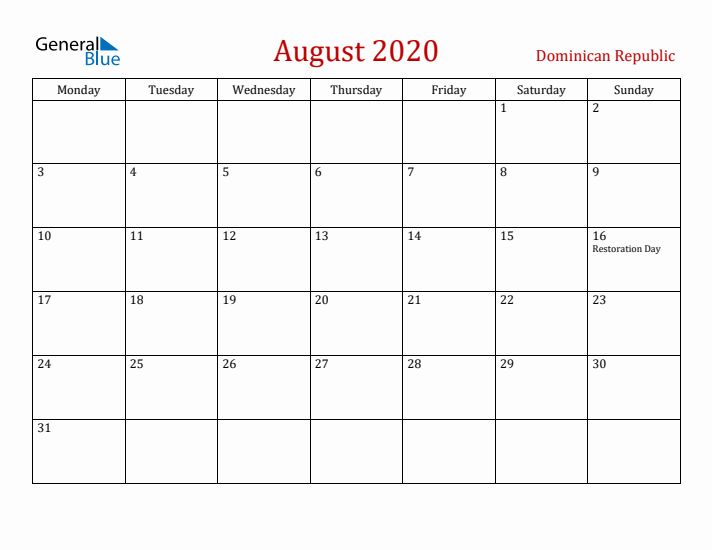 Dominican Republic August 2020 Calendar - Monday Start