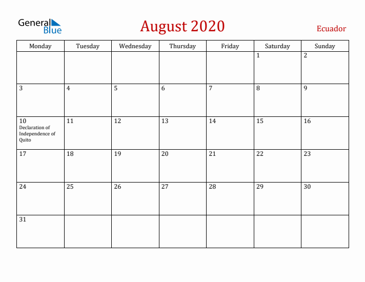 Ecuador August 2020 Calendar - Monday Start