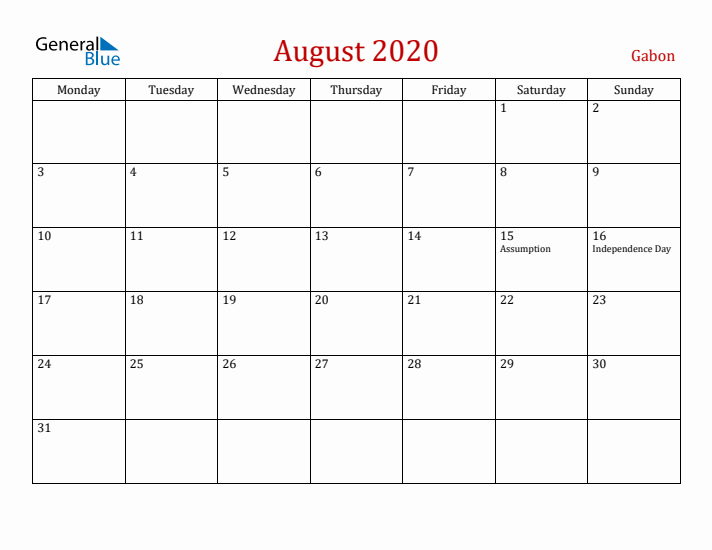 Gabon August 2020 Calendar - Monday Start