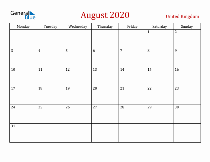United Kingdom August 2020 Calendar - Monday Start