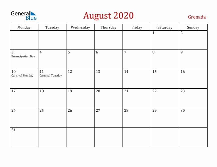 Grenada August 2020 Calendar - Monday Start