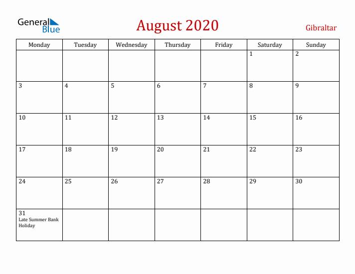 Gibraltar August 2020 Calendar - Monday Start