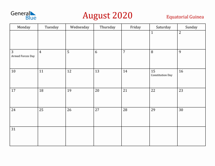 Equatorial Guinea August 2020 Calendar - Monday Start